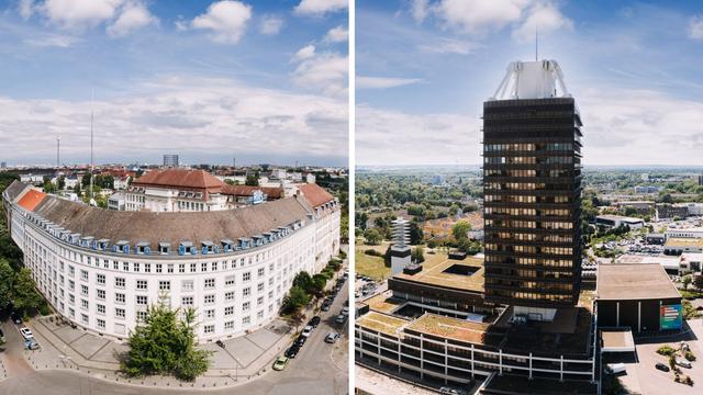 Links: Deutschlandradio-Funkhaus am Hans-Rosenthal-Platz in Berlin, rechts: Blick auf das Deutschlandfunk-Funkhaus in Köln mit Funkhausturm und Kammermusiksaal