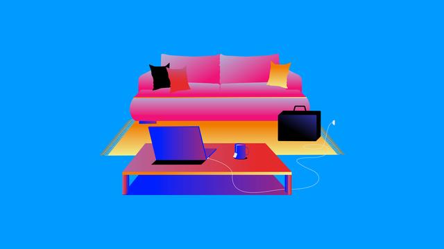 Illustration einer Couch und eines Couchtisches. Die Kissen auf der Couch zeigen die Farben der Flagge der BRD schwarz, rot und gold.