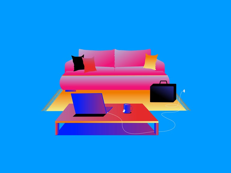 Illustration einer Couch und eines Couchtisches. Die Kissen auf der Couch zeigen die Farben der Flagge der BRD schwarz, rot und gold.
