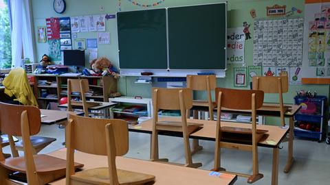 Hochgestellte Stühle sind in einem Klassenzimmer einer Schule