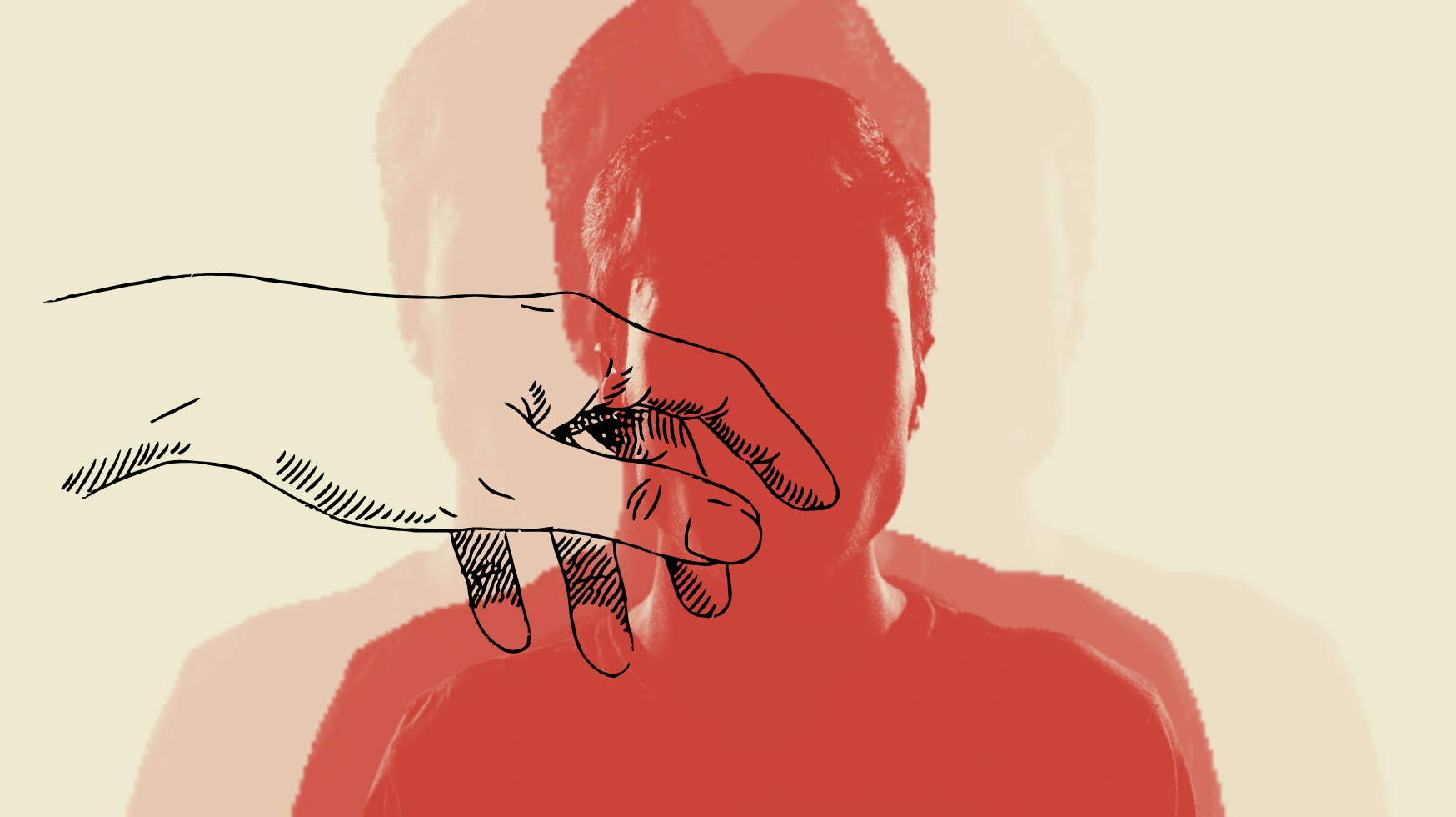 Die Welt, die Maurice Blanchot in seinem Text erschafft, wagt sich deutlich ins Obskure vor. Zu sehen: Eine Collage - Die Silouette eines jungen Mannes (in rot mit gelbem Hintergrund), davor winkt eine gezeichnete Hand. 