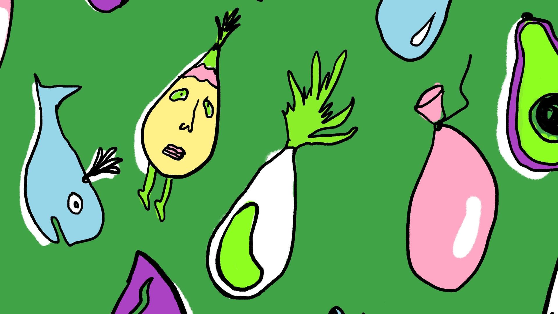 Illustration bunter doku drops vor grünem Hintergrund