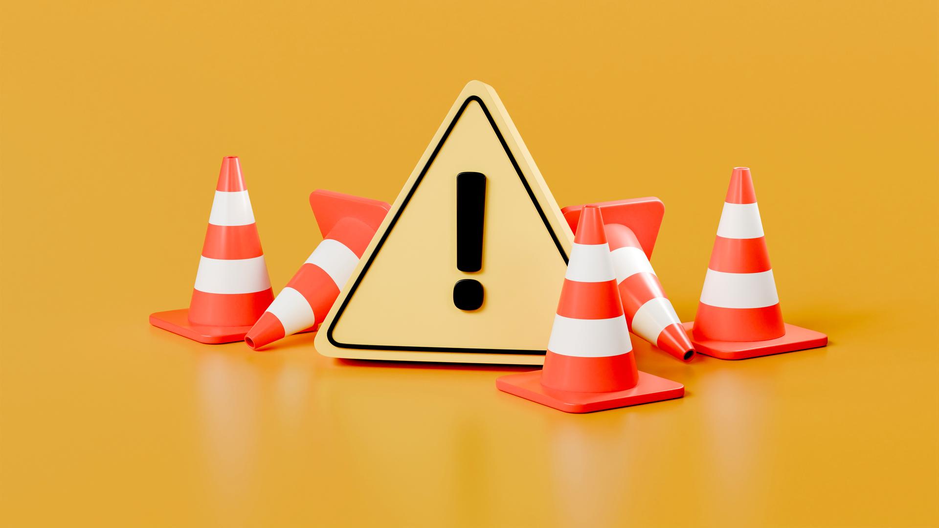 3D-Illustration roter 3D-Verkehrskegel mit gelbem Warndreieck-Symbol vor gelbem Hintergrund. 
