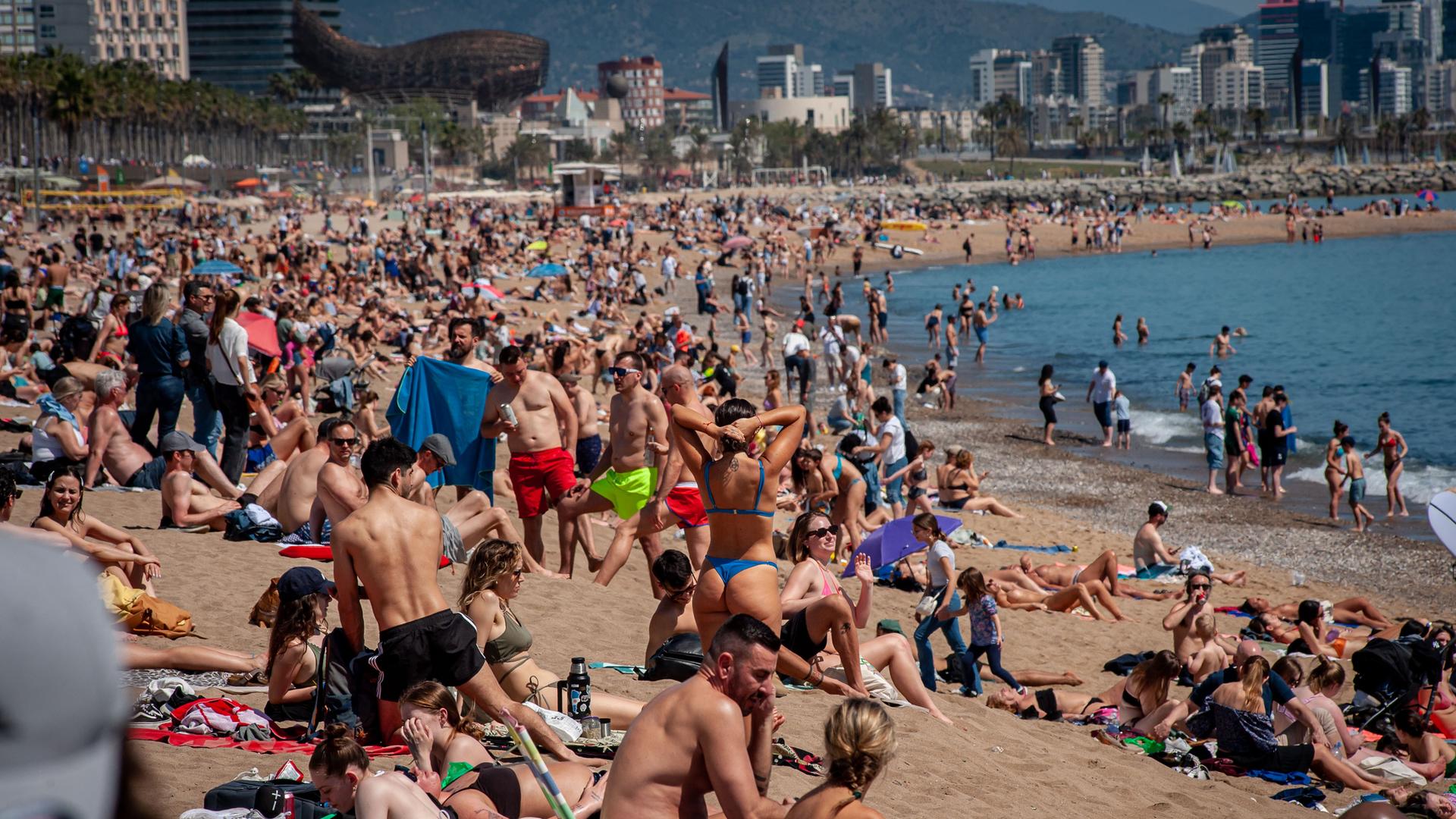 An einem sonnigen Tag im April ist der Stadtstrand von Barcelona voller Menschen