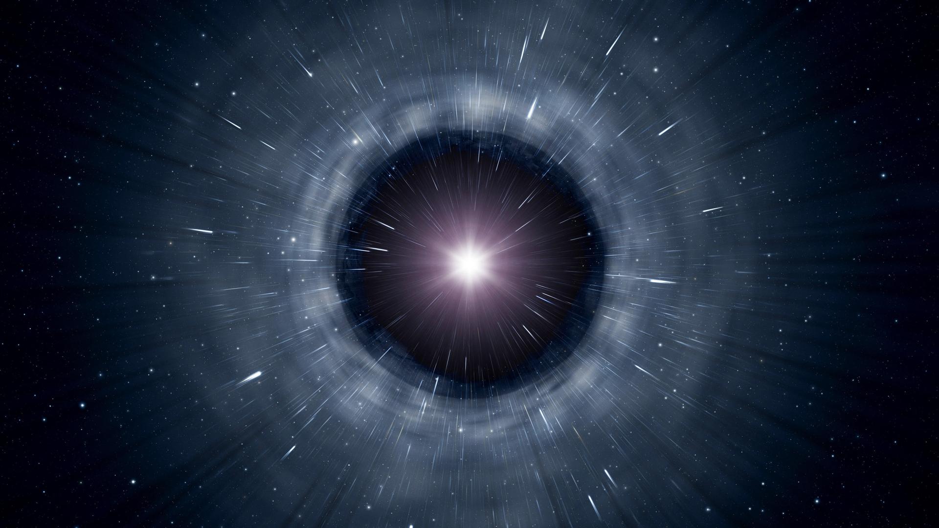 Computergrafik eines schwarzen Lochs im Weltall: Im Zentrum einer dunklen Kreises leuchtet ein Stern.