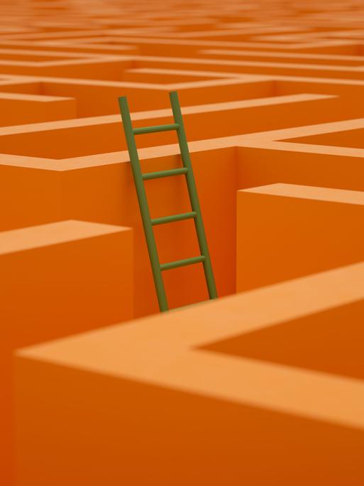 In einem orangenen Labyrith steht an einer Stelle eine Leiter, die über die Wände hinaus ragt und so den Blick auf das große Ganze ermöglicht.