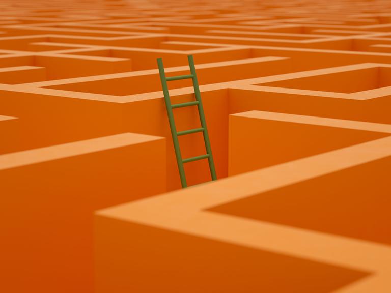 In einem orangenen Labyrith steht an einer Stelle eine Leiter, die über die Wände hinaus ragt und so den Blick auf das große Ganze ermöglicht.