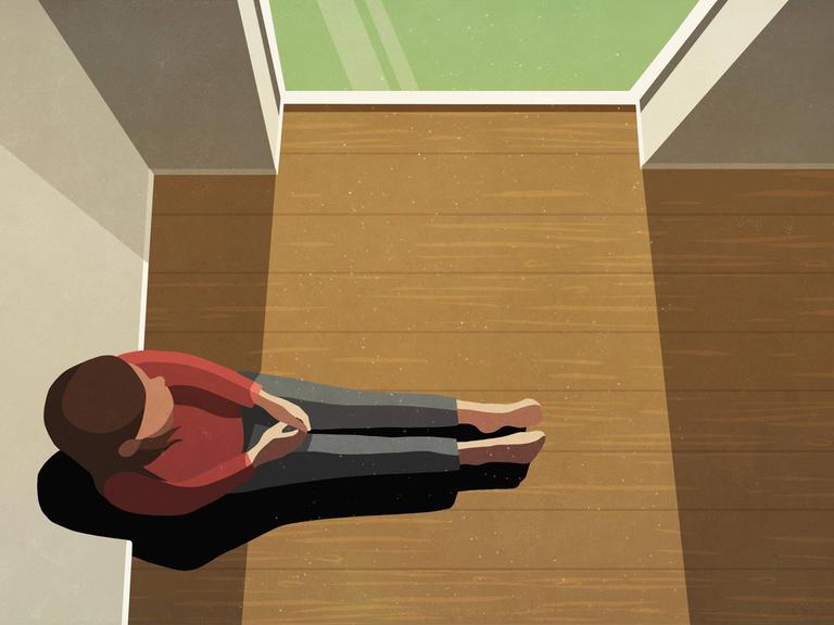 Illustration einer Frau, die allein in einer Wohnung sitzt und aus dem Fenster schaut.
