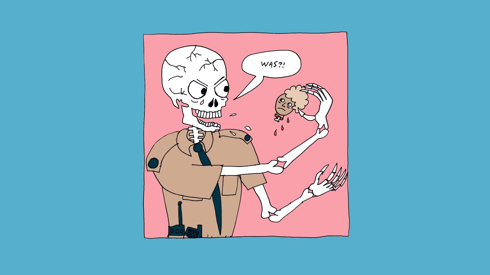Illustration von Liv Strömquist: Ein übergroßes Skelett hält einen kleineren blutenden abgeschnittenen Kopf in der Hand und fragt in einer Sprechblase: "Was?" Illustration von Liv Strömquist: Ein übergroßes Skelett hält einen kleineren blutenden abgeschnittenen Kopf in der Hand und fragt in einer Sprechblase: "Was?"