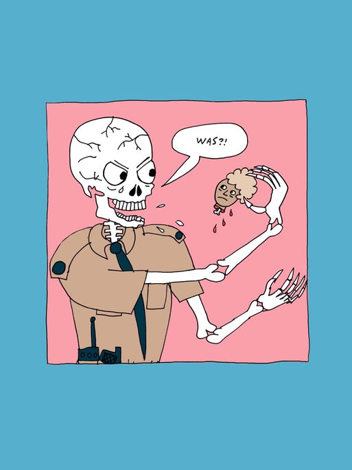 Illustration von Liv Strömquist: Ein übergroßes Skelett hält einen kleineren blutenden abgeschnittenen Kopf in der Hand und fragt in einer Sprechblase: "Was?"