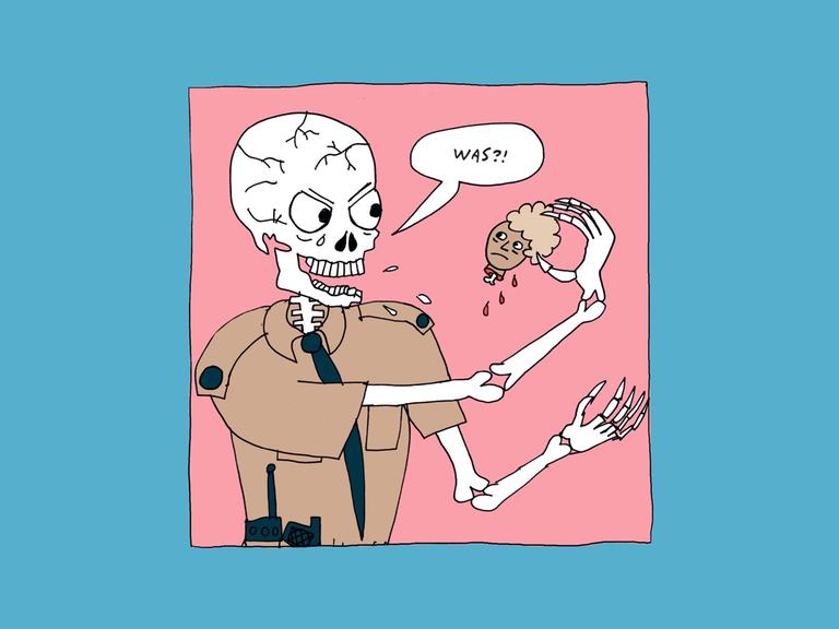 Illustration von Liv Strömquist: Ein übergroßes Skelett hält einen kleineren blutenden abgeschnittenen Kopf in der Hand und fragt in einer Sprechblase: "Was?"
