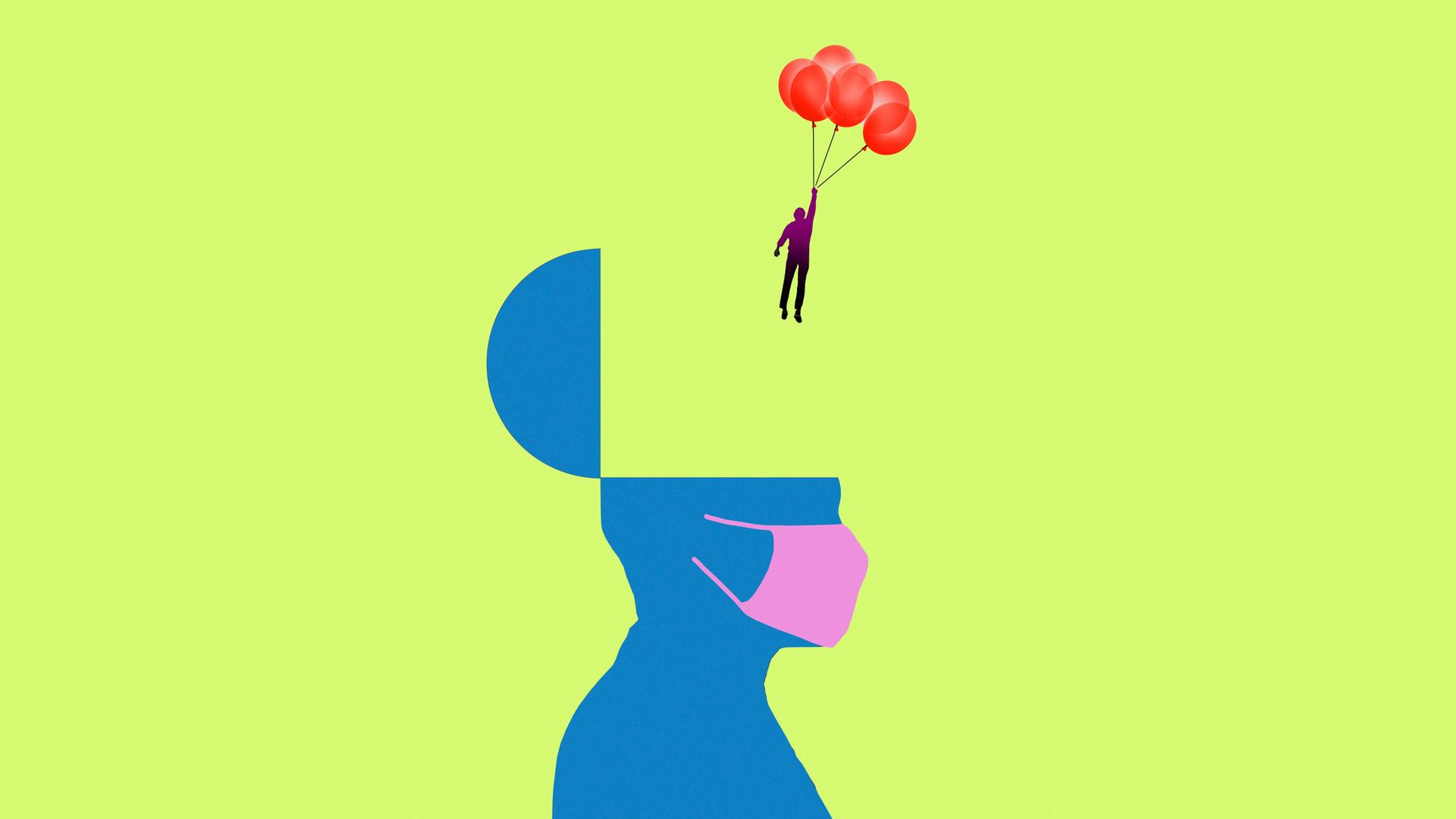 Illustration: Eine Figur fliegt an Luftballonst aus einem stilisierten Kopf mit Gesichtsmaske.