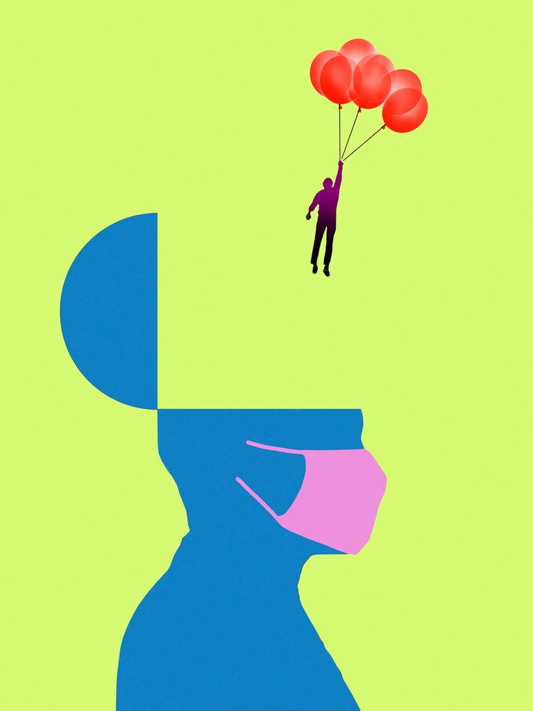 Illustration: Eine Figur fliegt an Luftballonst aus einem stilisierten Kopf mit Gesichtsmaske.