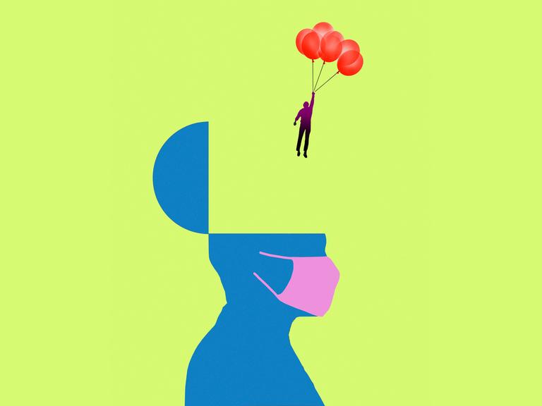 Illustration: Eine Figur fliegt an Luftballonst aus einem stilisierten Kopf mit Gesichtsmaske.