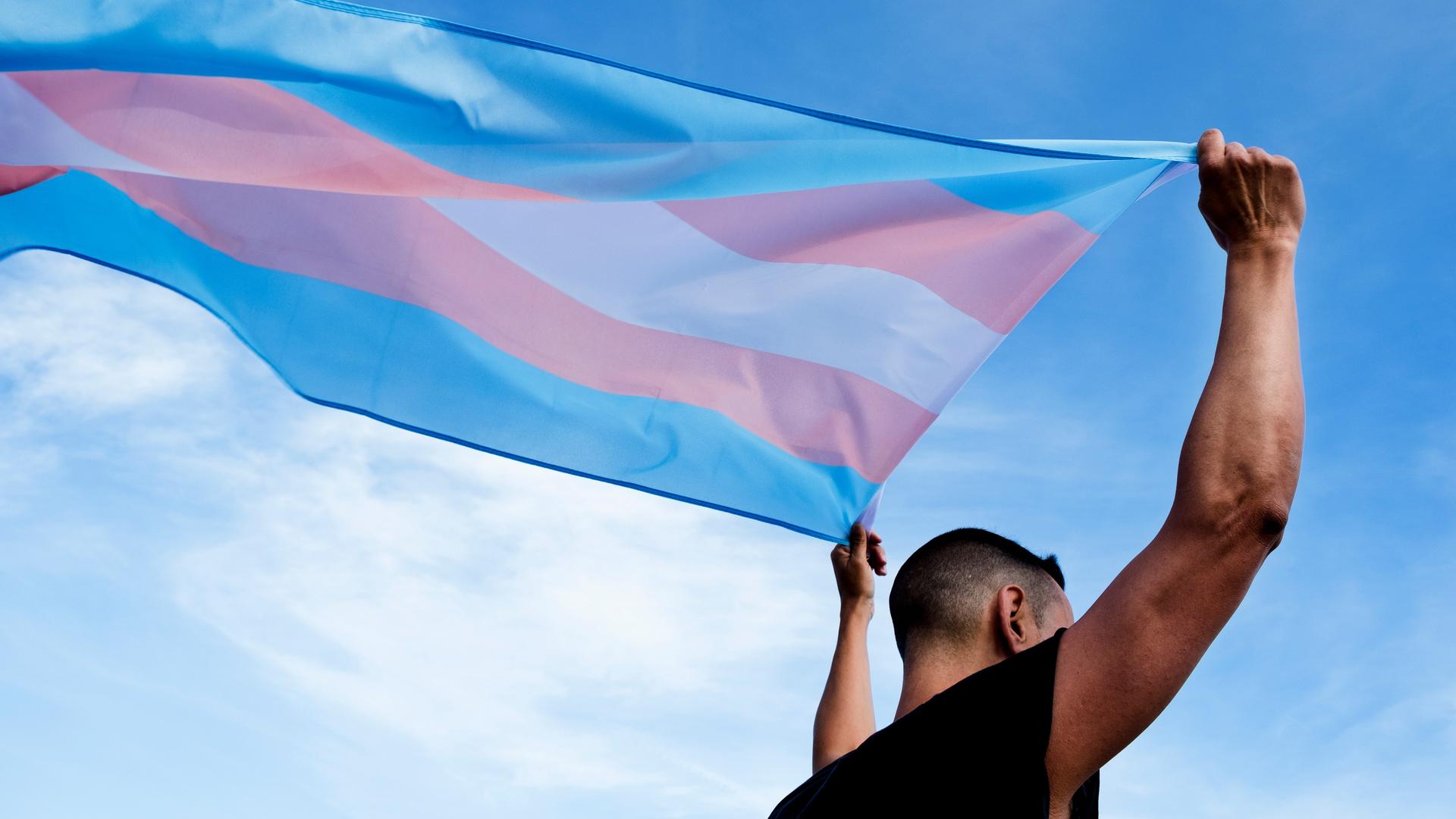 Eine männlich gelesene Person schwenkt die Transflagge in blau, lila und weiß über dem Kopf.