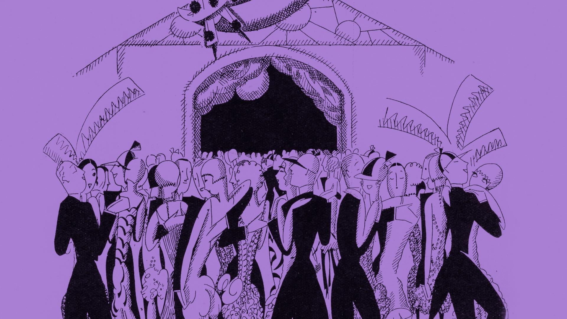 Illustration einer Hotelsituation in schwarz auf lila Hintergrund. Illustration einer Hotelsituation in schwarz auf lila Hintergrund.