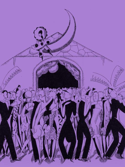 Illustration einer Hotelsituation in schwarz auf lila Hintergrund. Illustration einer Hotelsituation in schwarz auf lila Hintergrund.