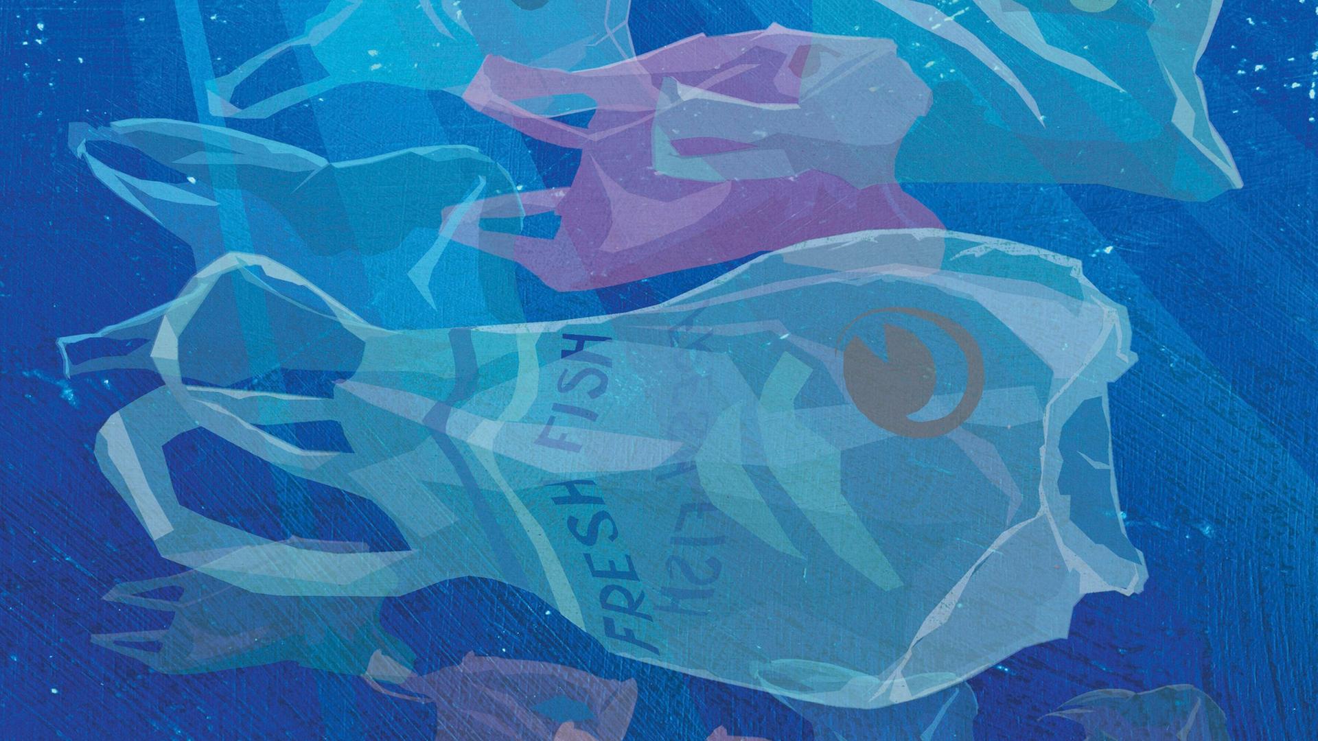 Illustration: Plastiktragetaschen schwimmen im Meer.