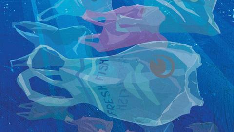 Illustration: Plastiktragetaschen schwimmen im Meer.