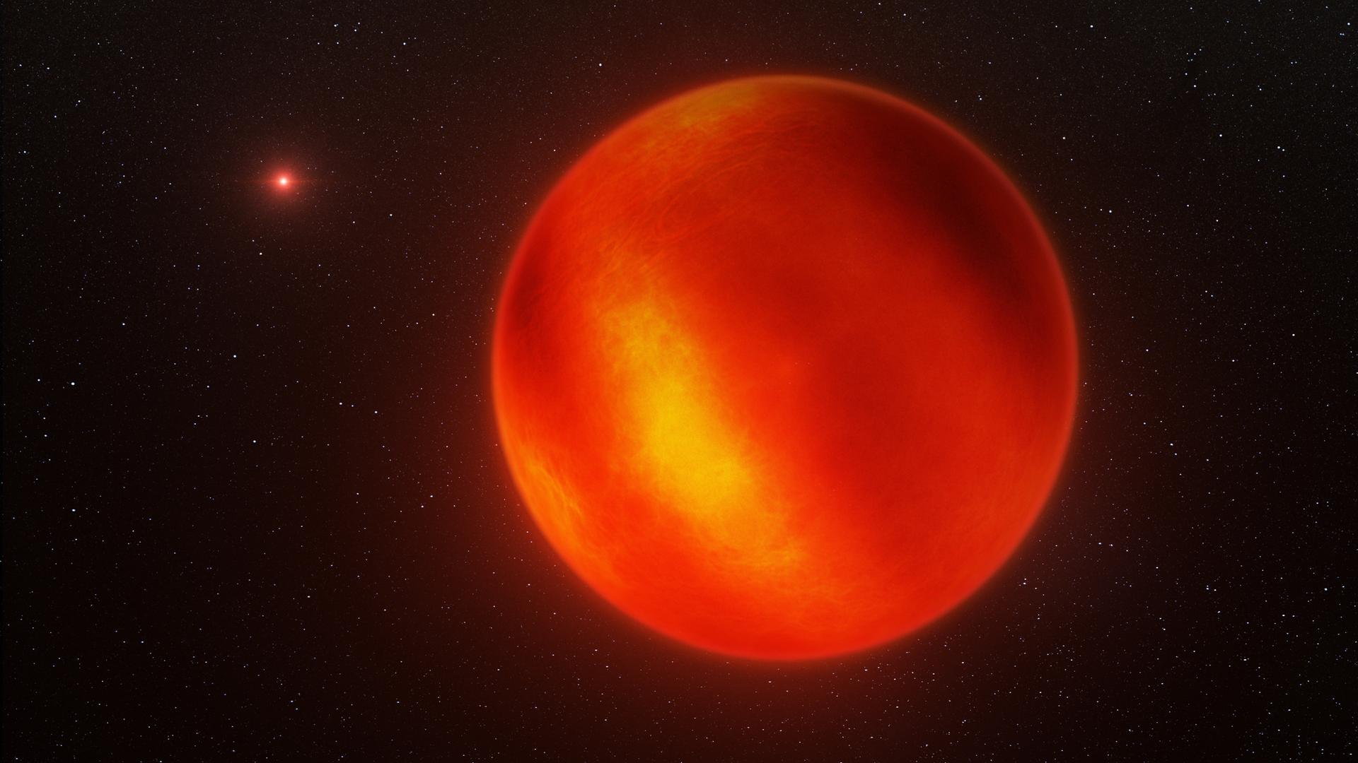 Eine künstlerische Darstellung des Braunen Zwergs Luhman 16 B, auf Grundlage von Beobachtungen mit dem Very Large Telescope. Im Hintergrund links leuchtet, nur als kleiner Punkt sichtbar, 16 A.