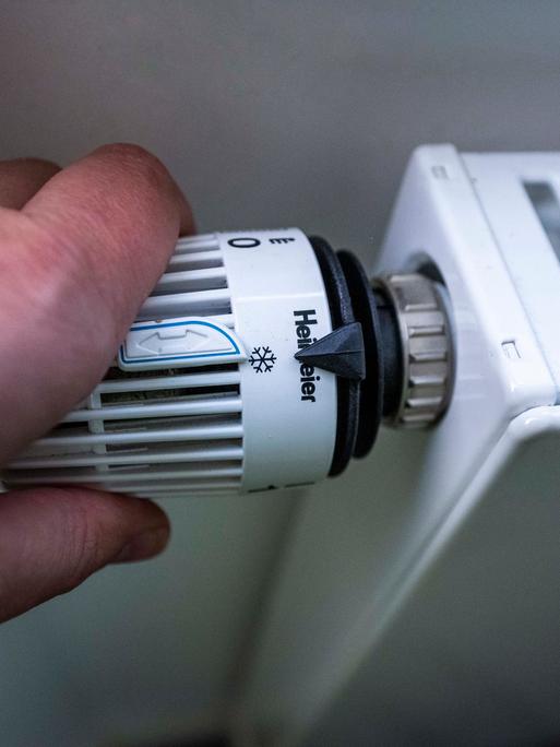 Der Drehknauf einer Heizung wird auf die Frostschutzposition eingestellt
