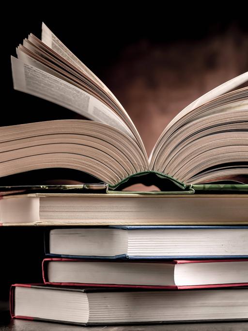 Ein Bücherstapel, das oberste Buch ist aufgeschlagen.
