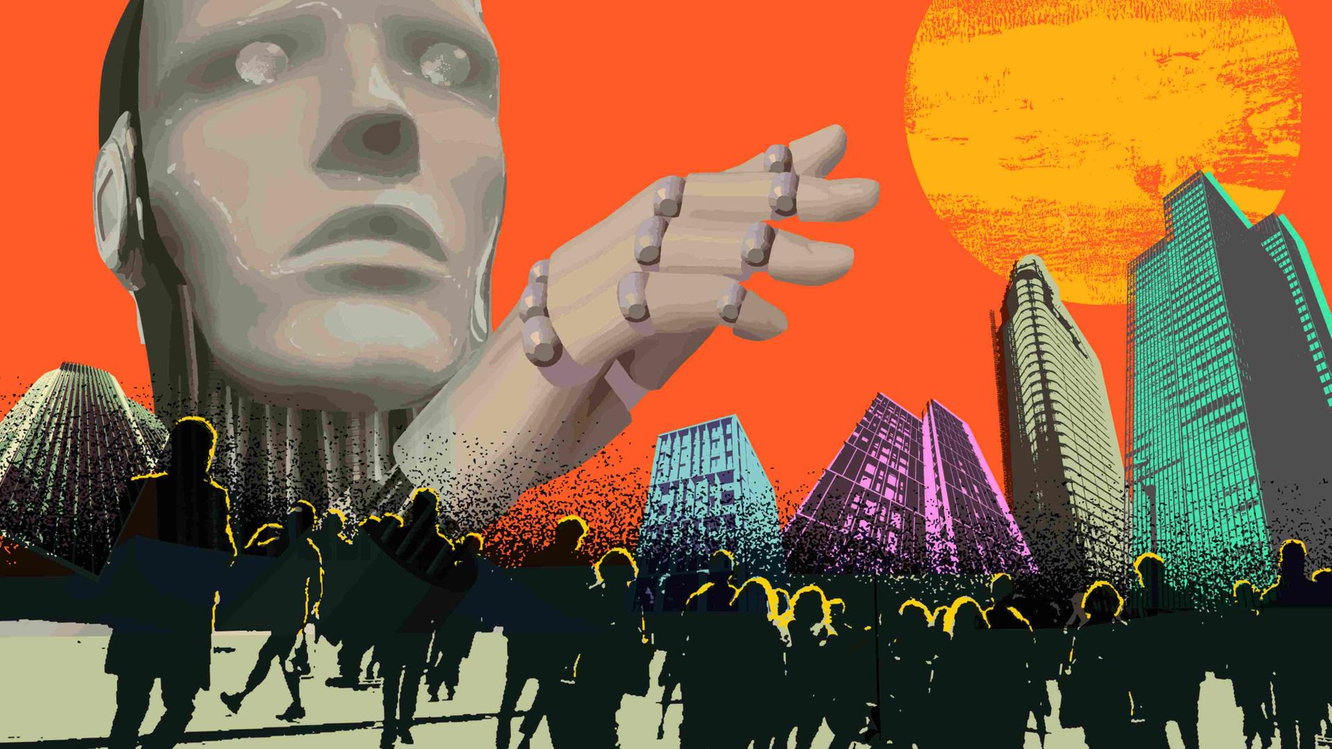 Collage: Illustration einer urbanen Szene bei Sonnenuntergang: Menschen vor einer Skyline, vor dem Horizont ein großer humanoider Kopf. Collage: Illustration einer urbanen Szene bei Sonnenuntergang: Menschen vor einer Skyline, vor dem Horizont ein großer humanoider Kopf.