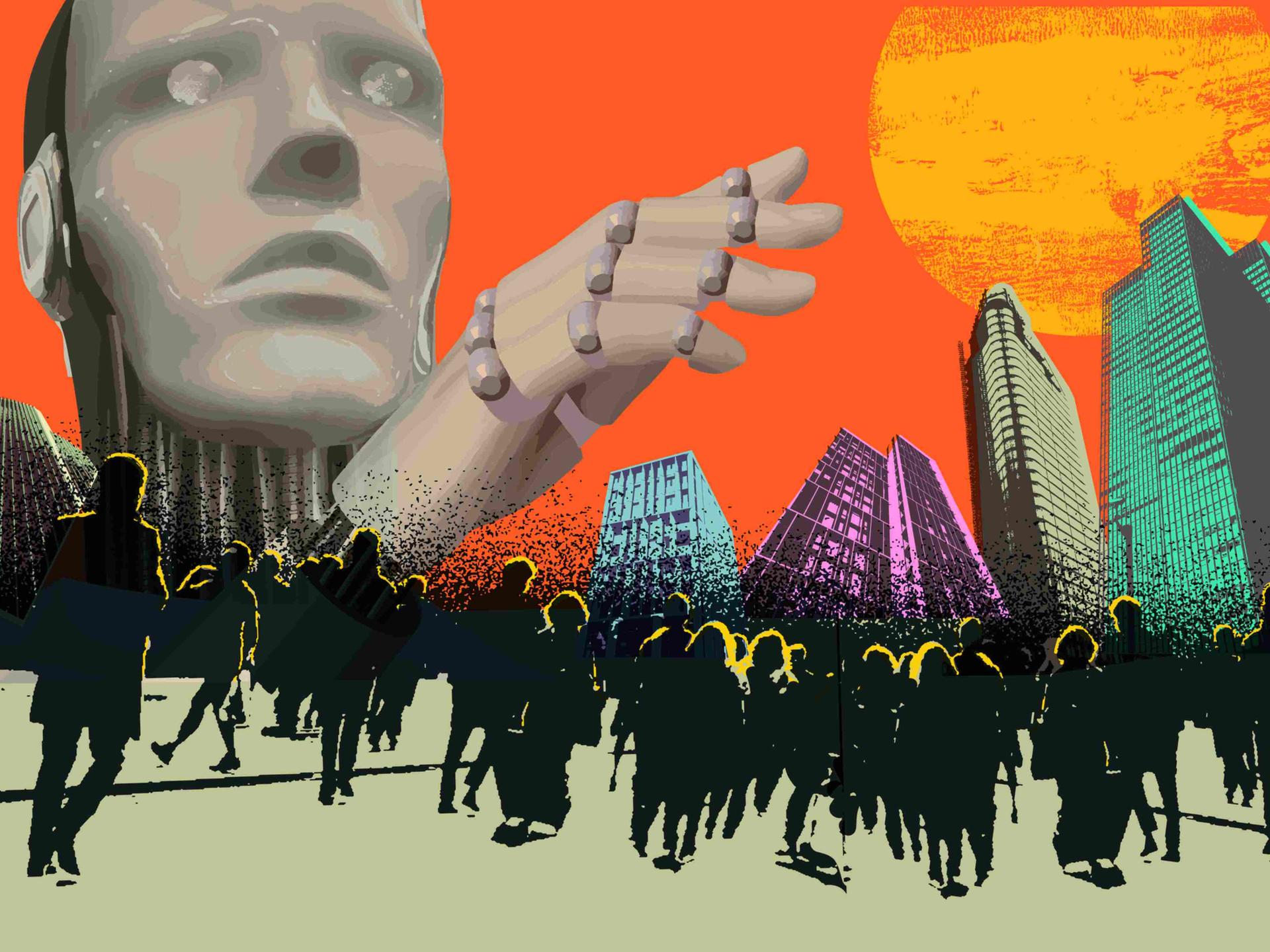Collage: Illustration einer urbanen Szene bei Sonnenuntergang: Menschen vor einer Skyline, vor dem Horizont ein großer humanoider Kopf.