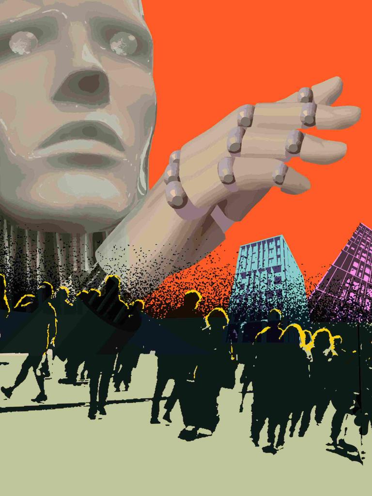 Collage: Illustration einer urbanen Szene bei Sonnenuntergang: Menschen vor einer Skyline, vor dem Horizont ein großer humanoider Kopf.