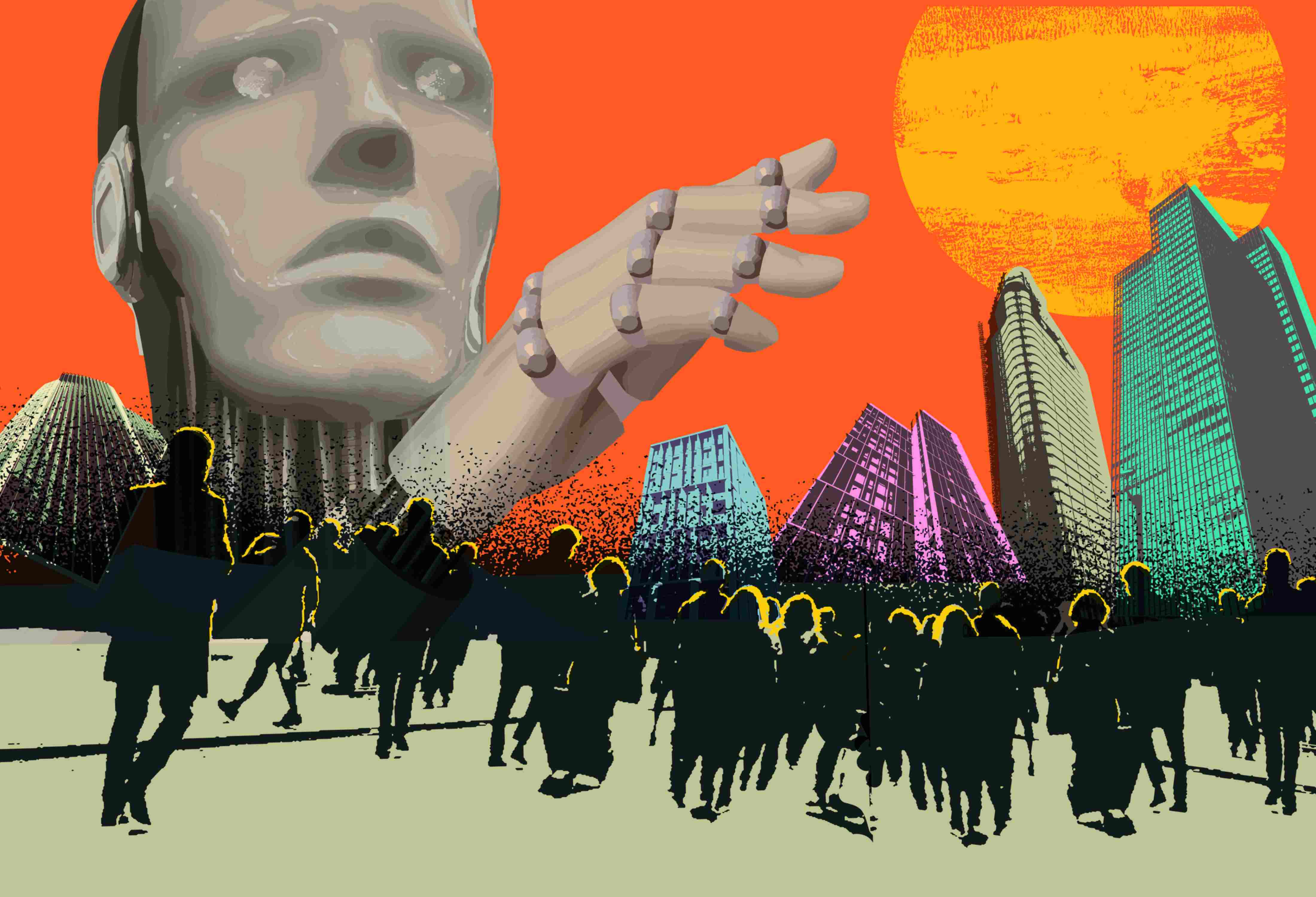 Collage: Illustration einer urbanen Szene bei Sonnenuntergang: Menschen vor einer Skyline, vor dem Horizont ein großer humanoider Kopf.