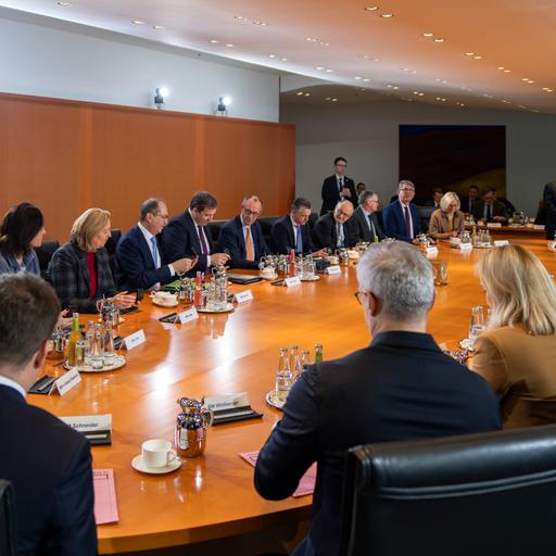 Bundeskanzler Friedrich Merz (M, CDU) eröffnet im Kanzleramt die Kabinettssitzung.