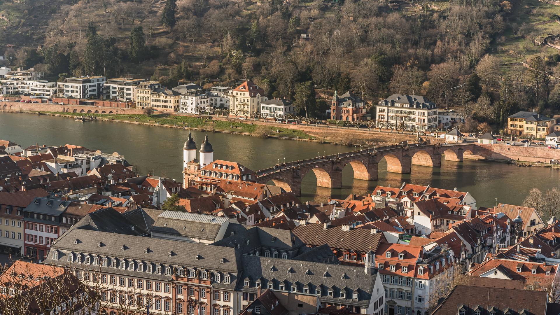 Blick auf die Altstadt Heidelberg mit Alter Brücke über den Neckar, Baden-Württemberg