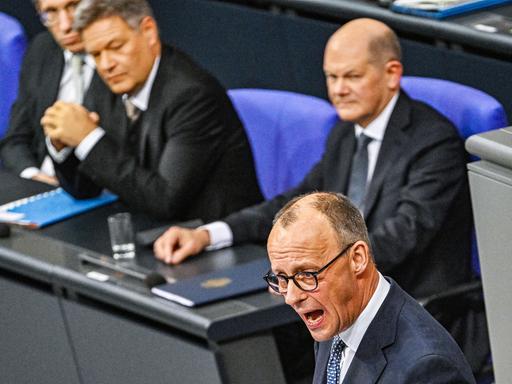 Merz (CDU) am Rednerpult im Bundestag. Dahinter Scholz (SPD) und Habeck (Grüne).