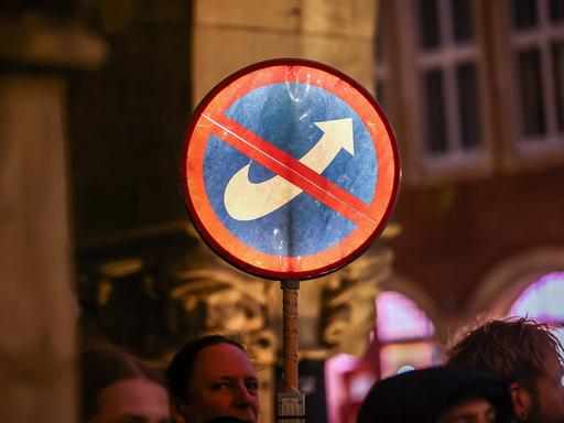 Ein Protestschild mit dem durchgestrichenen AfD-Logo auf einer Demonstration, eine Kundgebung gegen das Neujahrstreffen der AFD am 16. Februar 2024 in Münster.