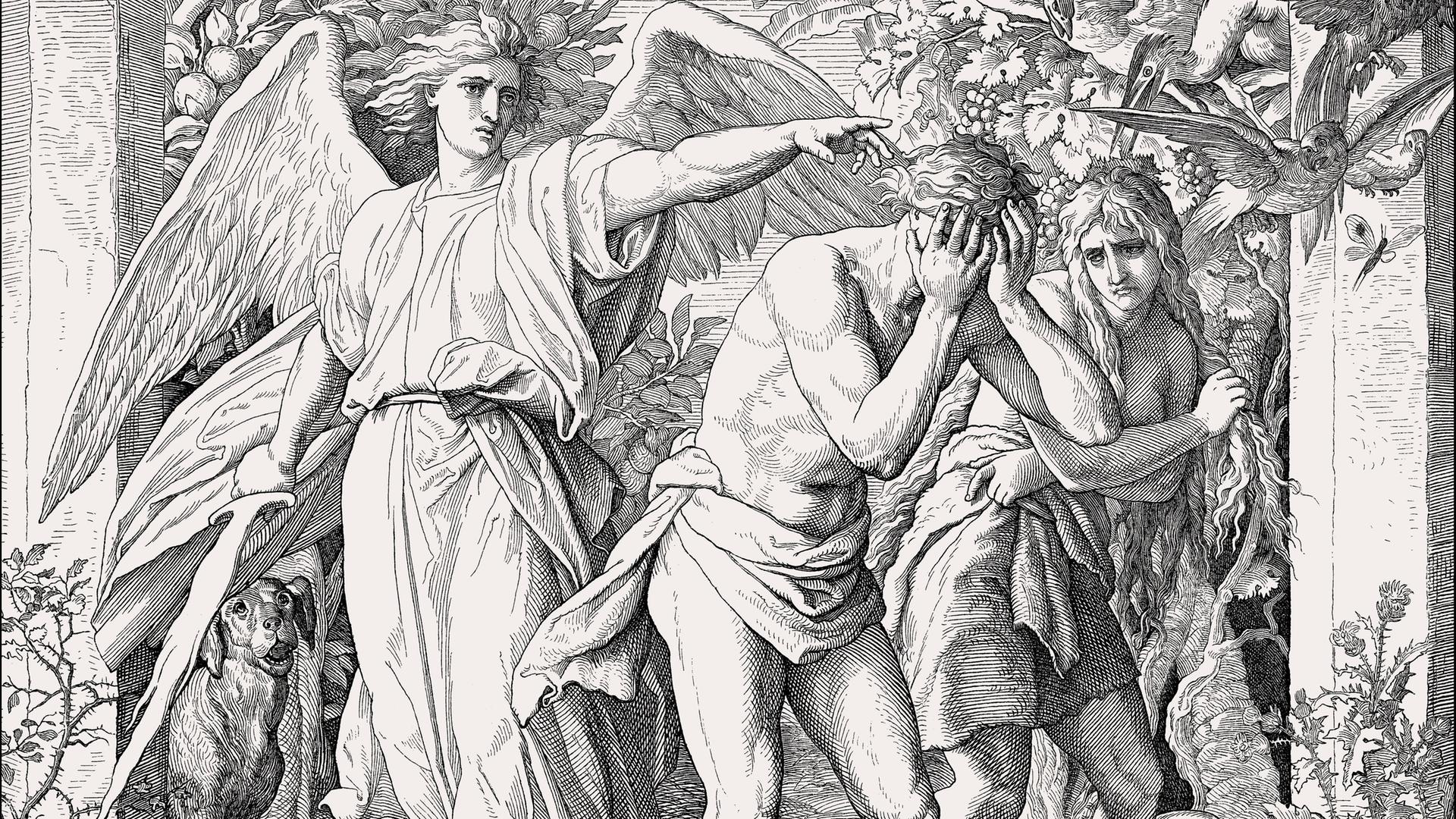 Wir sehen wie Adam und Eva aus dem Garten Eden vertrieben werden. 