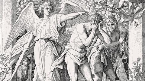 Wir sehen wie Adam und Eva aus dem Garten Eden vertrieben werden. 