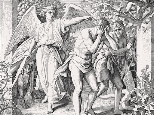 Wir sehen wie Adam und Eva aus dem Garten Eden vertrieben werden. 