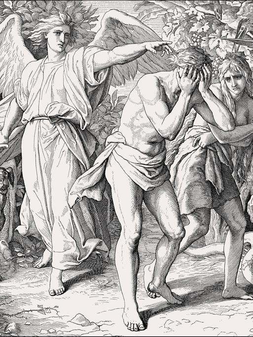 Wir sehen wie Adam und Eva aus dem Garten Eden vertrieben werden. 