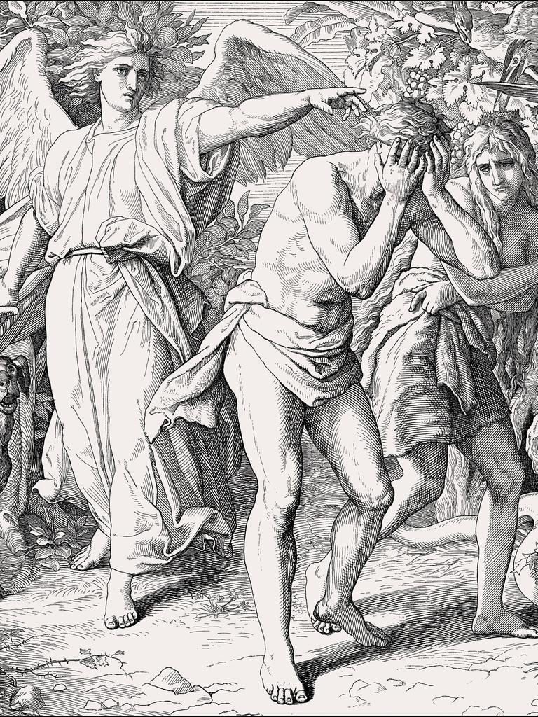 Wir sehen wie Adam und Eva aus dem Garten Eden vertrieben werden. 