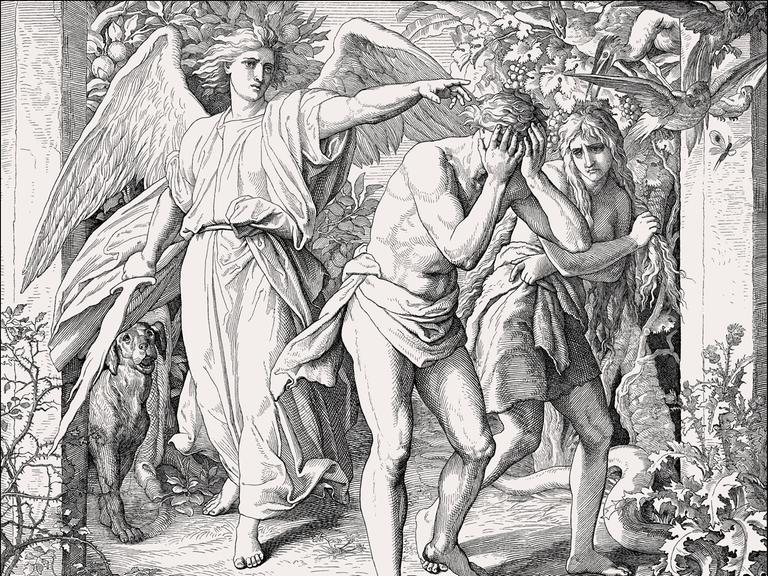 Wir sehen wie Adam und Eva aus dem Garten Eden vertrieben werden. 