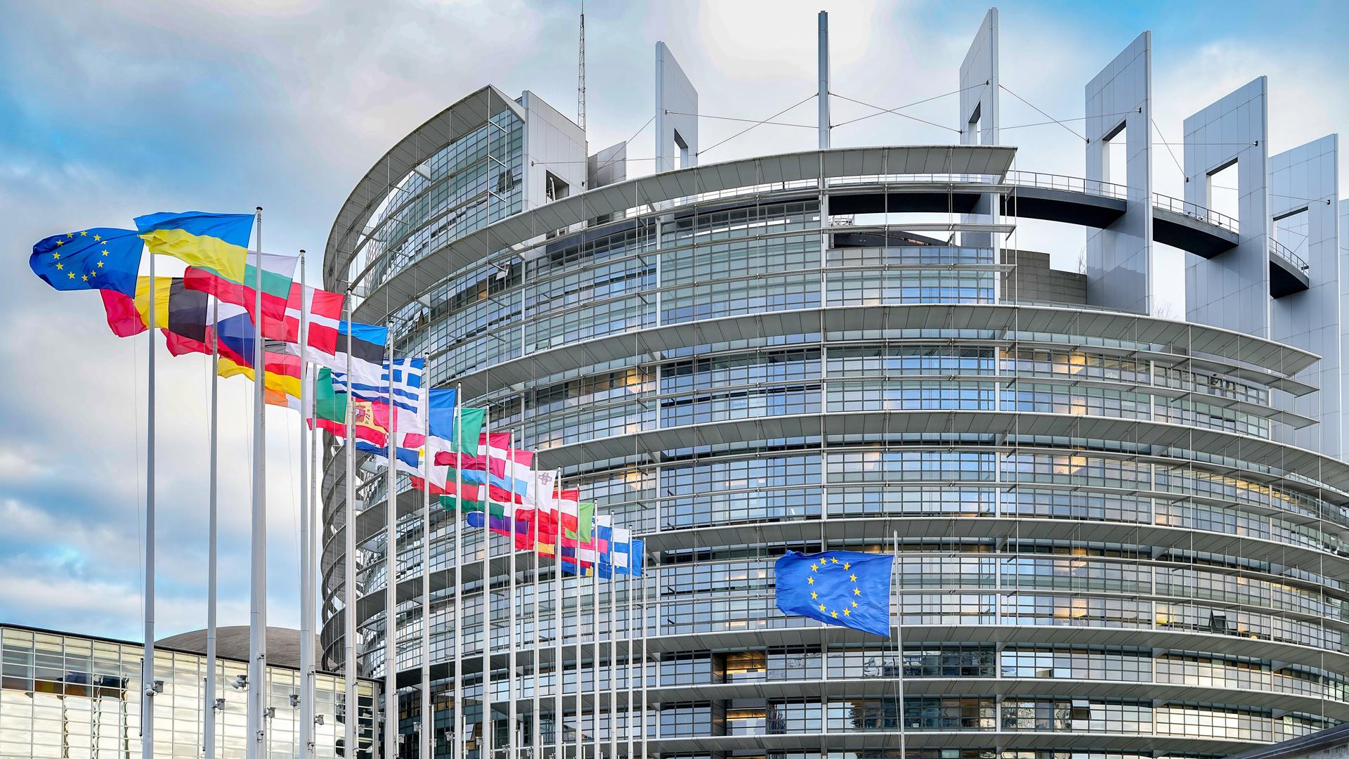 Das EU-Parlament in Straßburg. Davor wehen die Flaggen der Mitgliedsstaaten der EU und der Ukraine im Wind.