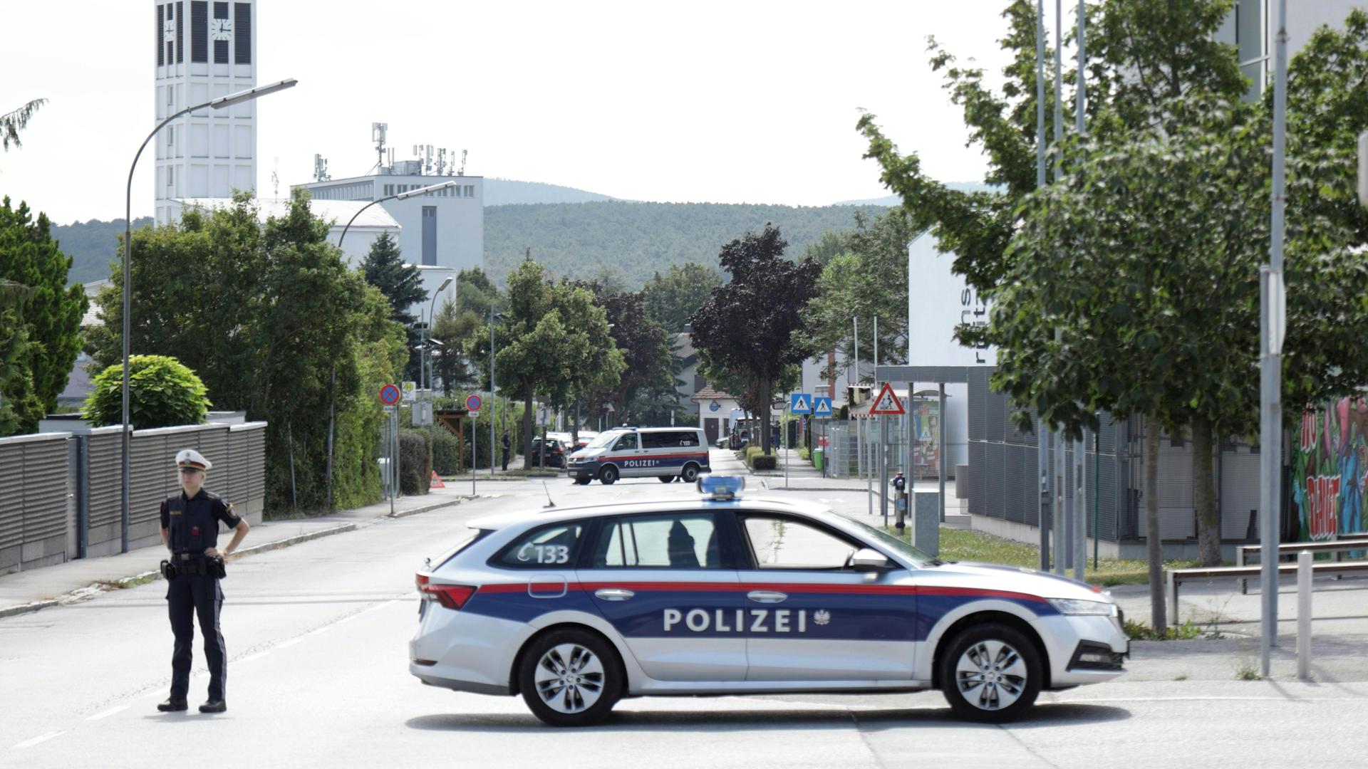 Ternitz: Ein Polizist und ein Polizeiwagen stehen am Einsatzort. 