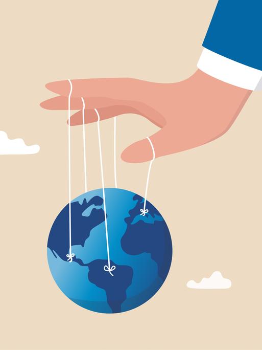 Eine Hand hält die Fäden auf der Welt zusammen. 