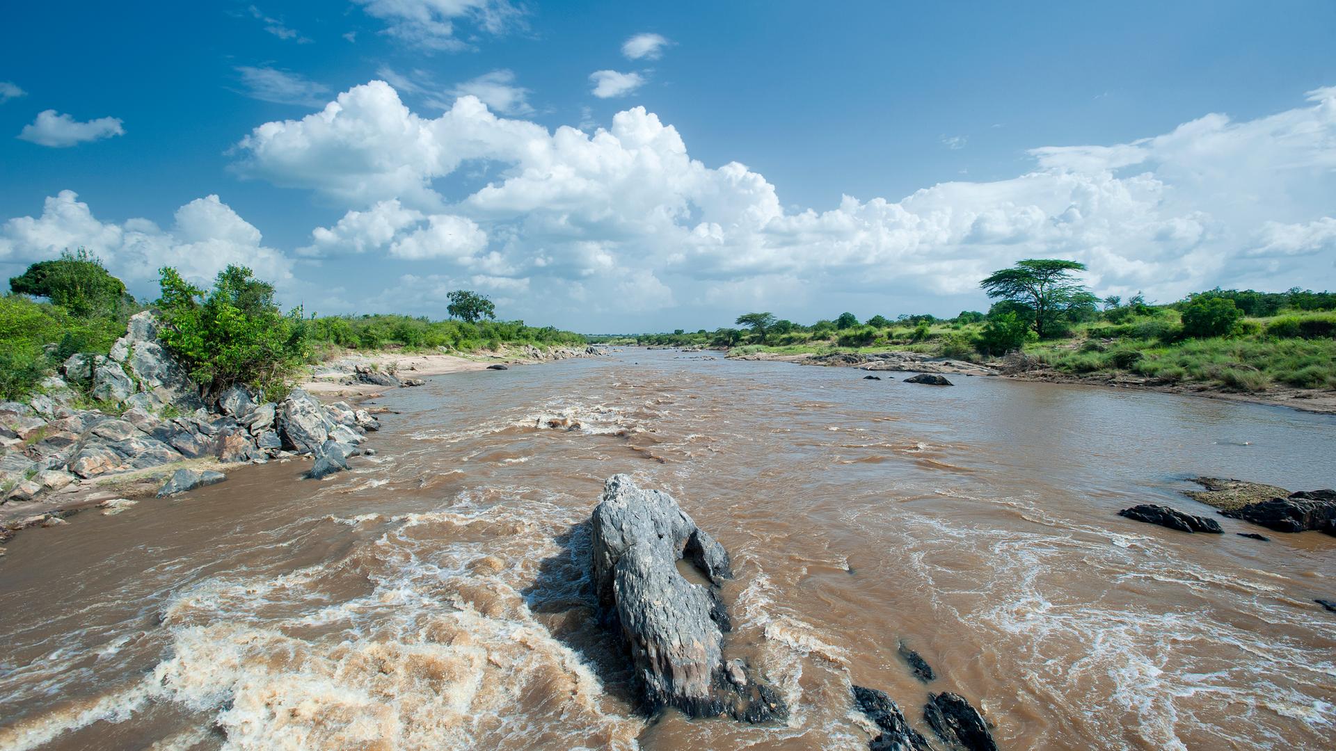 Der Marafluss in der Nähe der Grenze zwischen Kenia und Tansania. Im Vordergrund fliesst Wasser über Steine, im Hintergrund und seitlich ist Landschaft der Serengeti zu erkennen.