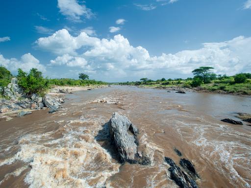 Der Marafluss in der Nähe der Grenze zwischen Kenia und Tansania. Im Vordergrund fliesst Wasser über Steine, im Hintergrund und seitlich ist Landschaft der Serengeti zu erkennen.