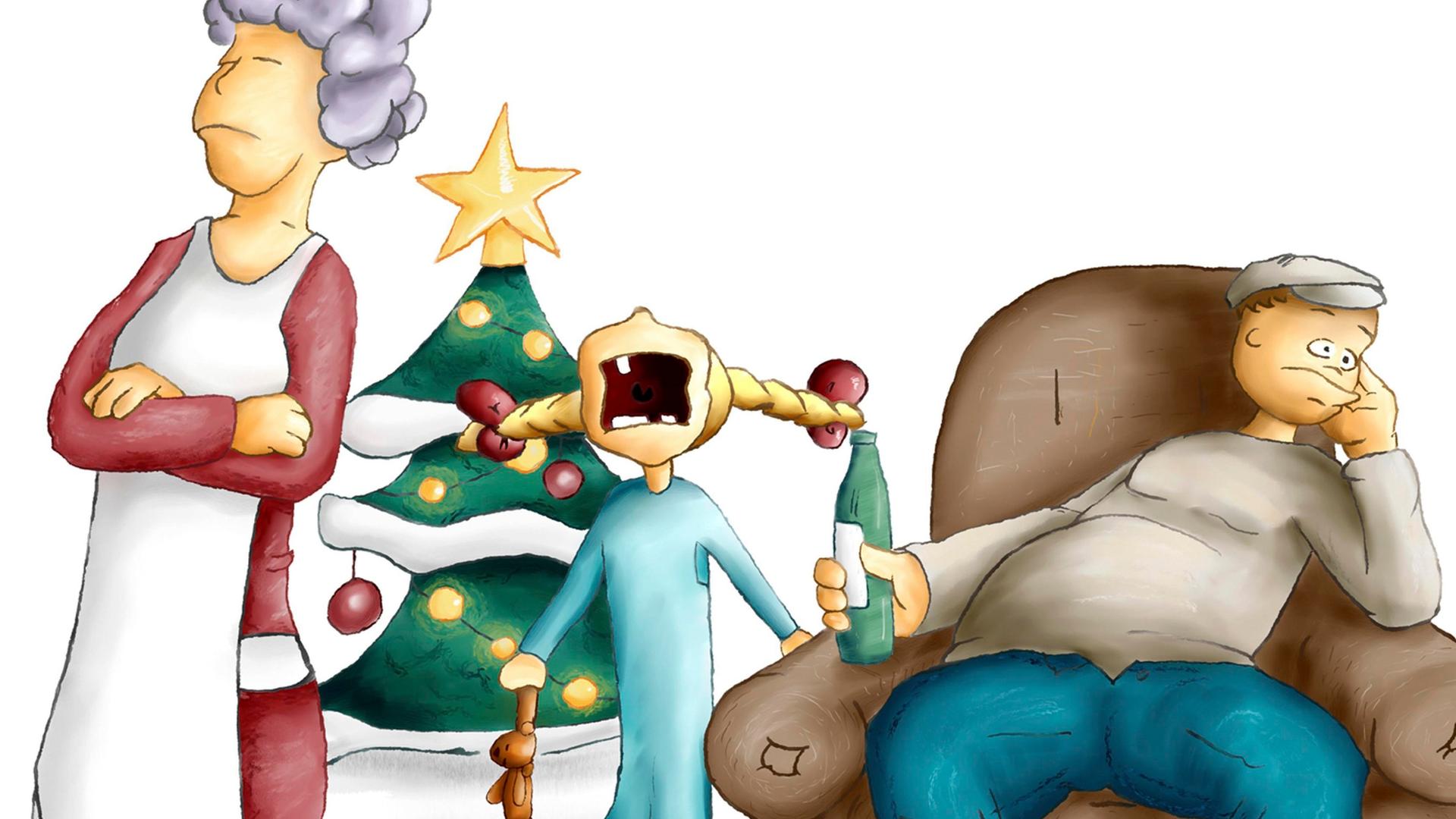 Illustration: Kind heult neben dem Weihnachtsbaum wegen der Geschenke, der Vater sitzt genervt beim Bier, die Mutter steht enttäuscht daneben. Illustration: Kind heult neben dem Weihnachtsbaum wegen der Geschenke, der Vater sitzt genervt beim Bier, die Mutter steht enttäuscht daneben.