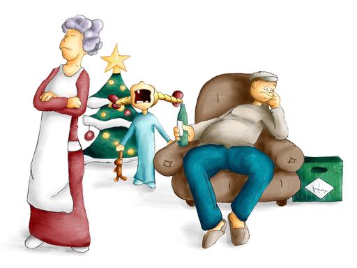 Illustration: Kind heult neben dem Weihnachtsbaum wegen der Geschenke, der Vater sitzt genervt beim Bier, die Mutter steht enttäuscht daneben.