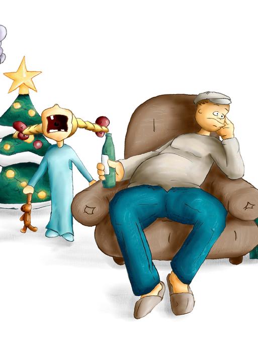 Illustration: Kind heult neben dem Weihnachtsbaum wegen der Geschenke, der Vater sitzt genervt beim Bier, die Mutter steht enttäuscht daneben. Illustration: Kind heult neben dem Weihnachtsbaum wegen der Geschenke, der Vater sitzt genervt beim Bier, die Mutter steht enttäuscht daneben.