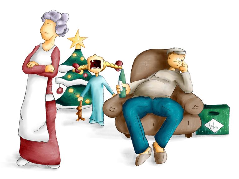 Illustration: Kind heult neben dem Weihnachtsbaum wegen der Geschenke, der Vater sitzt genervt beim Bier, die Mutter steht enttäuscht daneben. Illustration: Kind heult neben dem Weihnachtsbaum wegen der Geschenke, der Vater sitzt genervt beim Bier, die Mutter steht enttäuscht daneben.