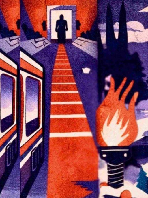 Geteiltes Bild: Ein Mann blickt eine Treppe herunter, daneben eine brennende Olympia-Fackel und Filmrollen.